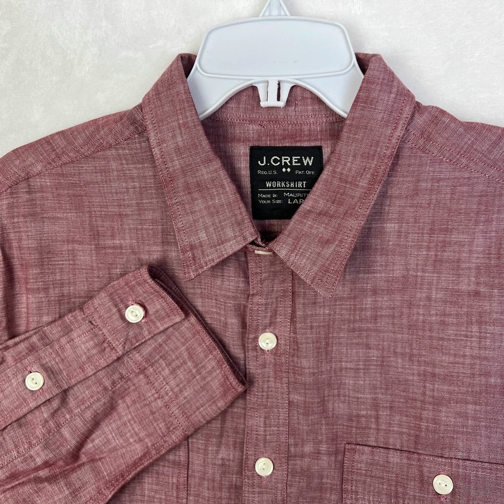 J Crew Chambray Button Up Shirt Mens Large Pink Red Workshirt Pocket Long Sleeve